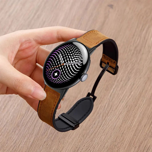 Brown Google Pixel Watch 5, 4 and 3 Leather and Silicone Band, Magnetic Clasp