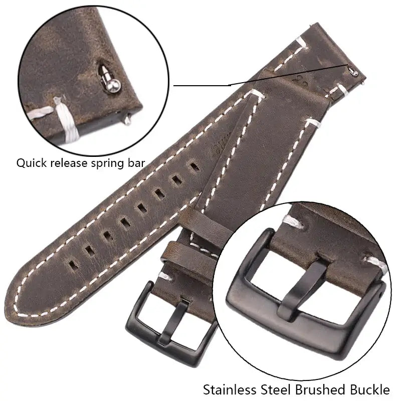 Leather strap quick-release pin and buckle close-up