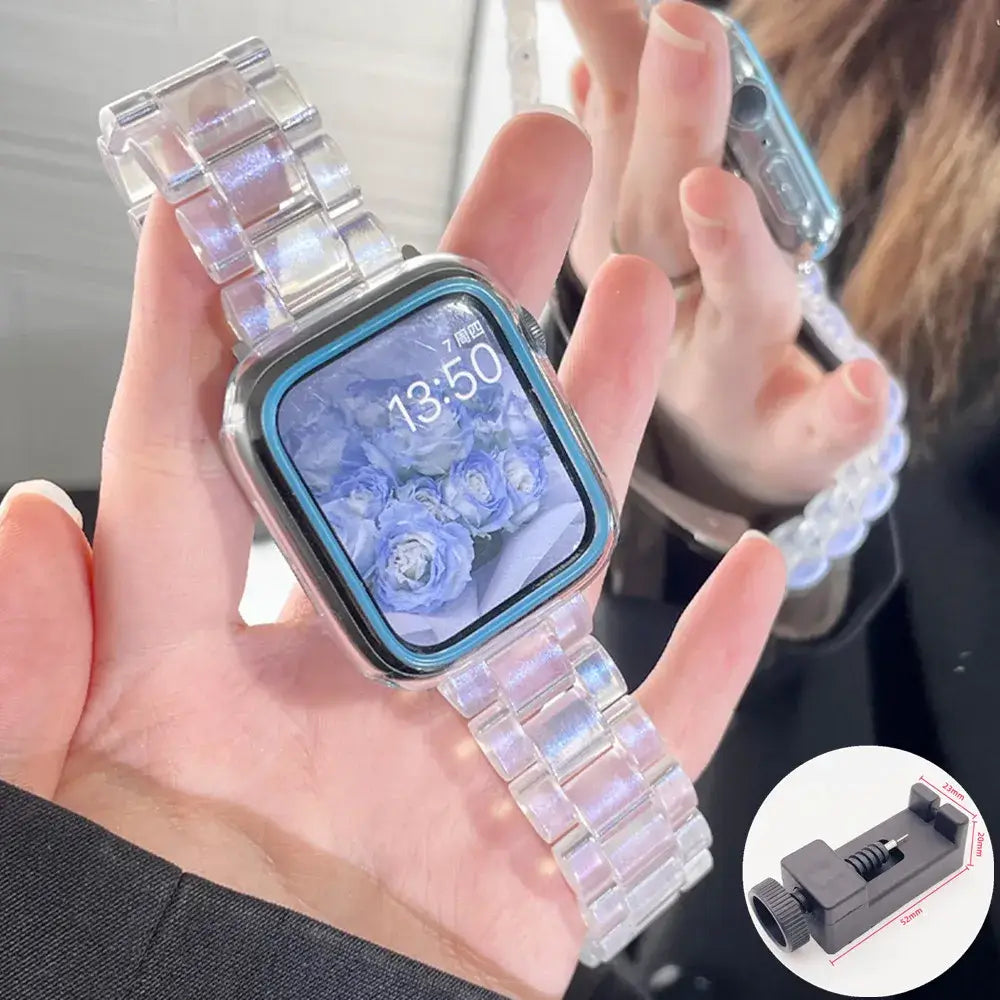 Iridescent Blue resin Apple Watch band with adjustment tool