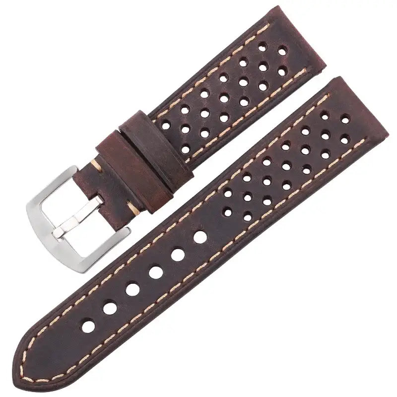 TicWatch Perforated Leather Rally Band - Dark Brown / Silver Buckle