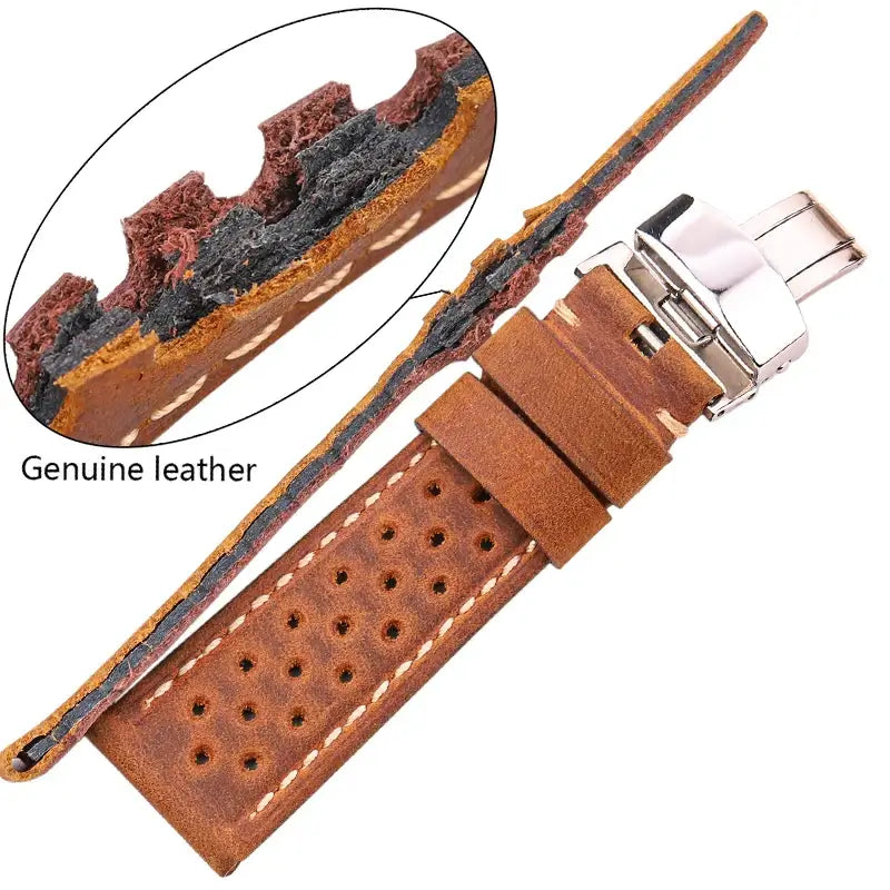 Tan leather strap edge and folding clasp detail