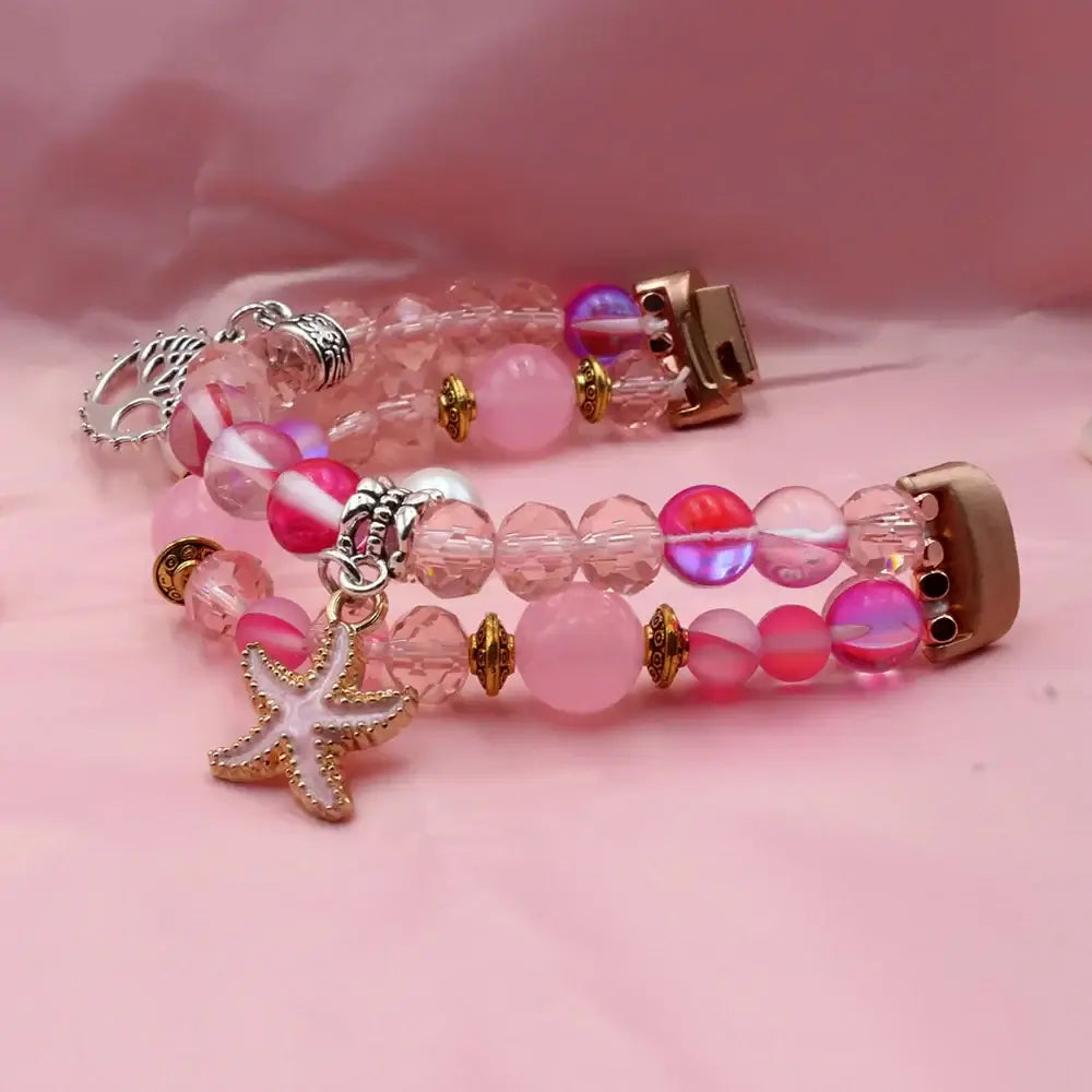Fitbit Inspire 3 Double-Strand Beaded Charm Band - Pink bead strands and charms