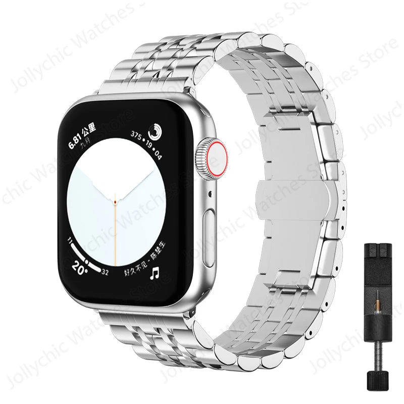 Multi-Row Stainless Steel Apple Watch Bracelet Band in Silver - With Tool