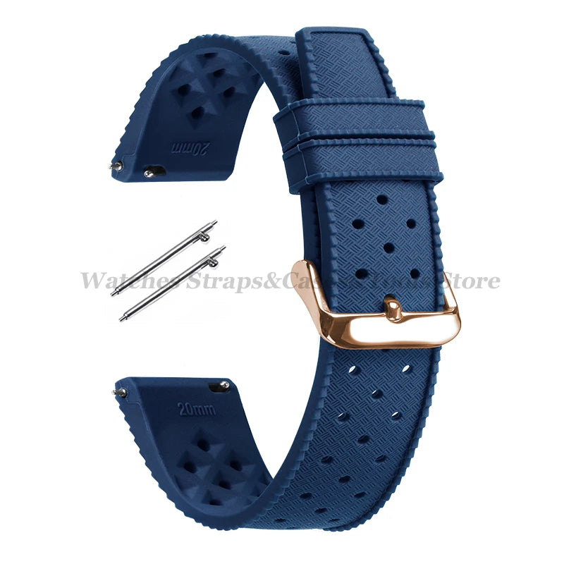 Garmin 18/20/22mm Quick Release Tropic-Style Silicone Band in Navy Blue with Rose Gold Buckle
