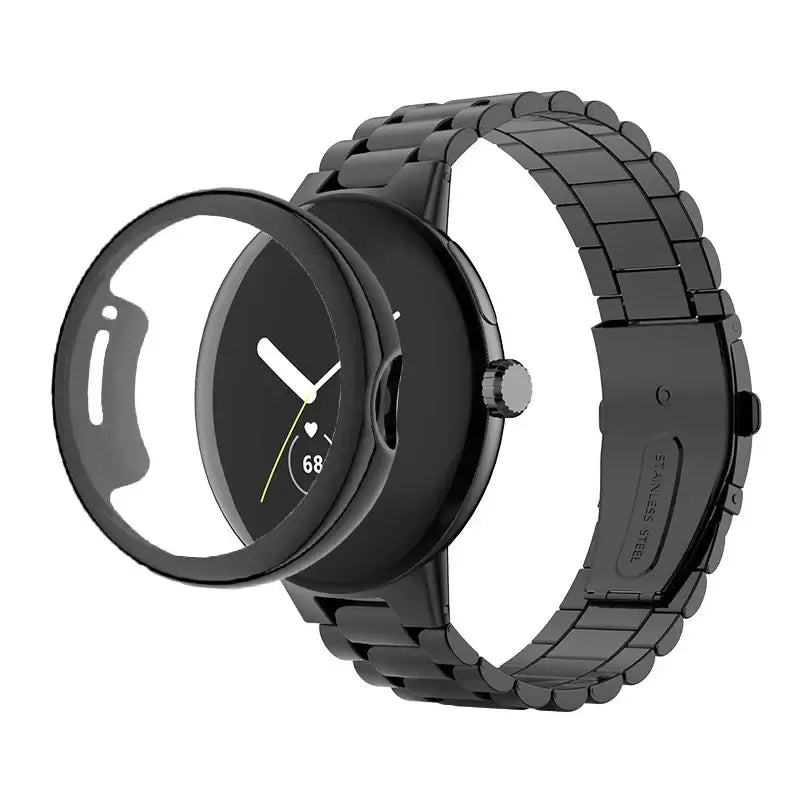 Black steel link Pixel Watch band and matching case