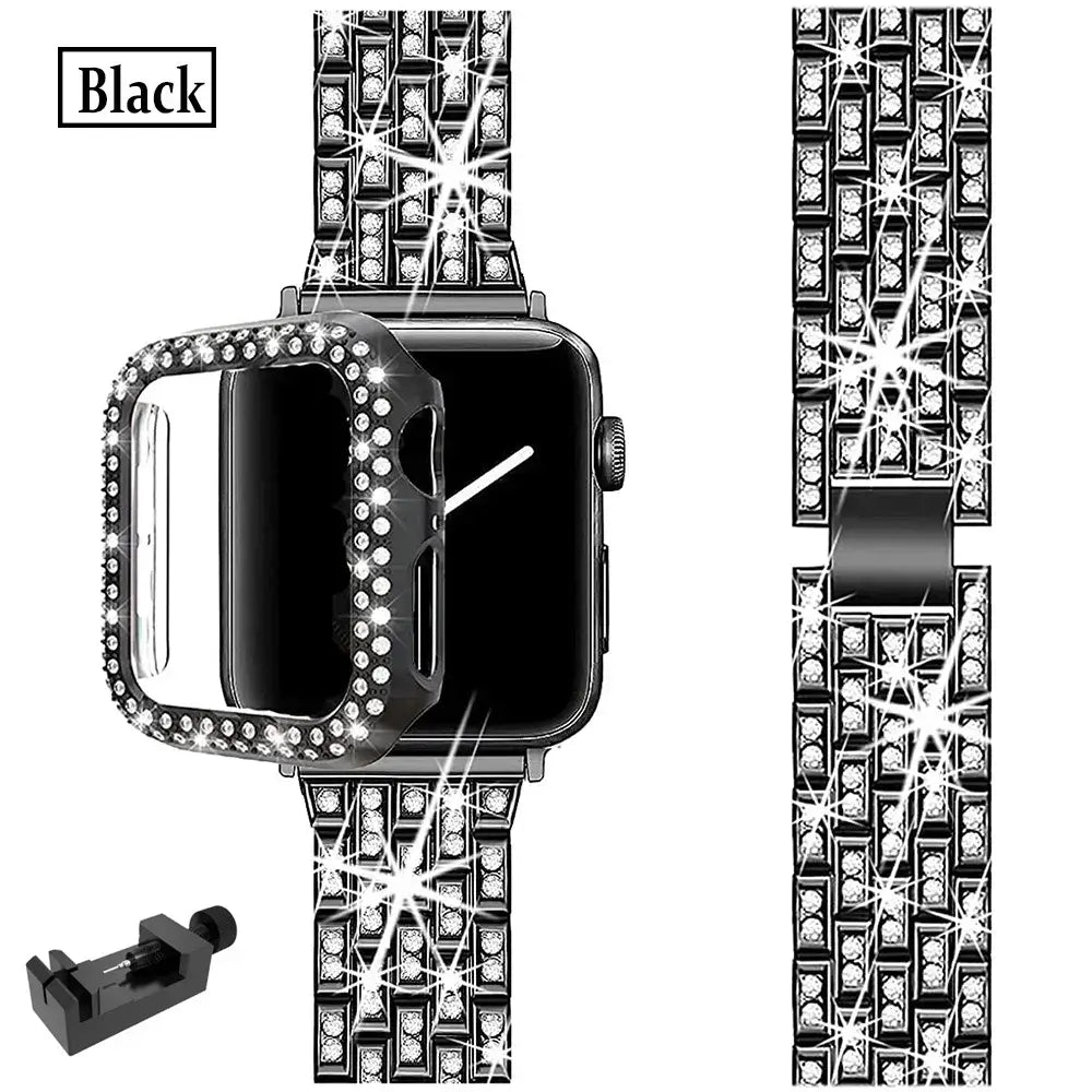 Black rhinestone Apple Watch bracelet and matching case with adjustment tool