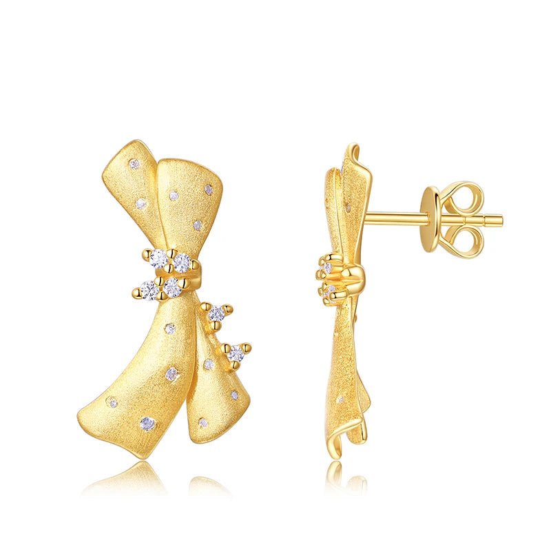 Gold-Plated Moissanite Ribbon Bow Stud Earrings — Sculpted gold ribbon bow earrings — BandsCo Straps