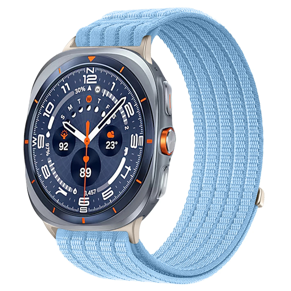 Samsung Galaxy Sport Nylon Woven Loop Watch Band – Watch8/Watch8 Classic/Watch9/Ultra/Ultra2 in light blue with breathable woven design.