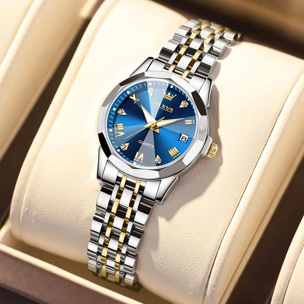Women's Faceted Bezel Quartz Bracelet Watch — Two Tone / Blue Dial — BandsCo Straps
