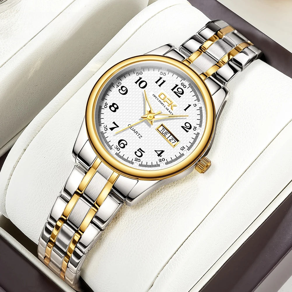 Women's Arabic Dial Steel Day-Date Watch — Two Tone / White Dial — BandsCo Straps