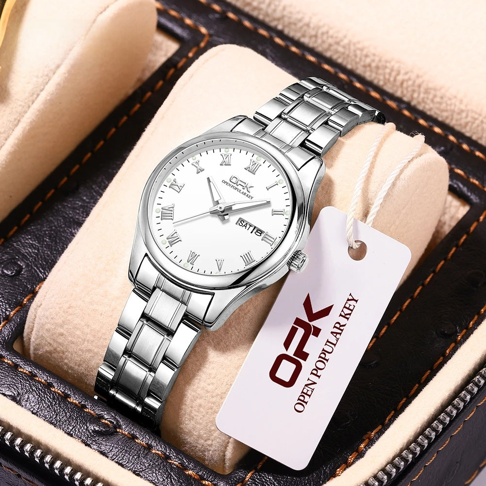 Women's Roman Dial Steel Day-Date Watch — Silver Tone / White Dial — BandsCo Straps