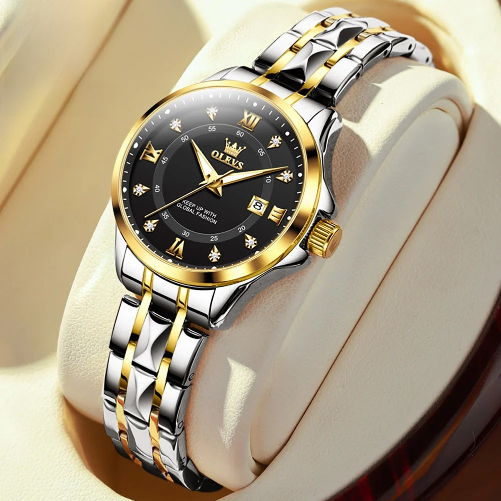 Stainless Steel Day-Date Watch - Women's, Men's & Couples — Women / Two Tone / Black Dial — BandsCo Straps