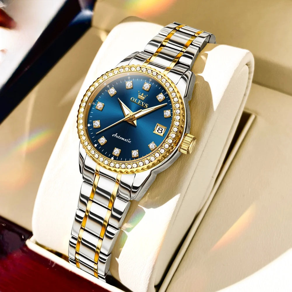 Women's Automatic Crystal Bezel Bracelet Watch — Two Tone / Blue Dial — BandsCo Straps