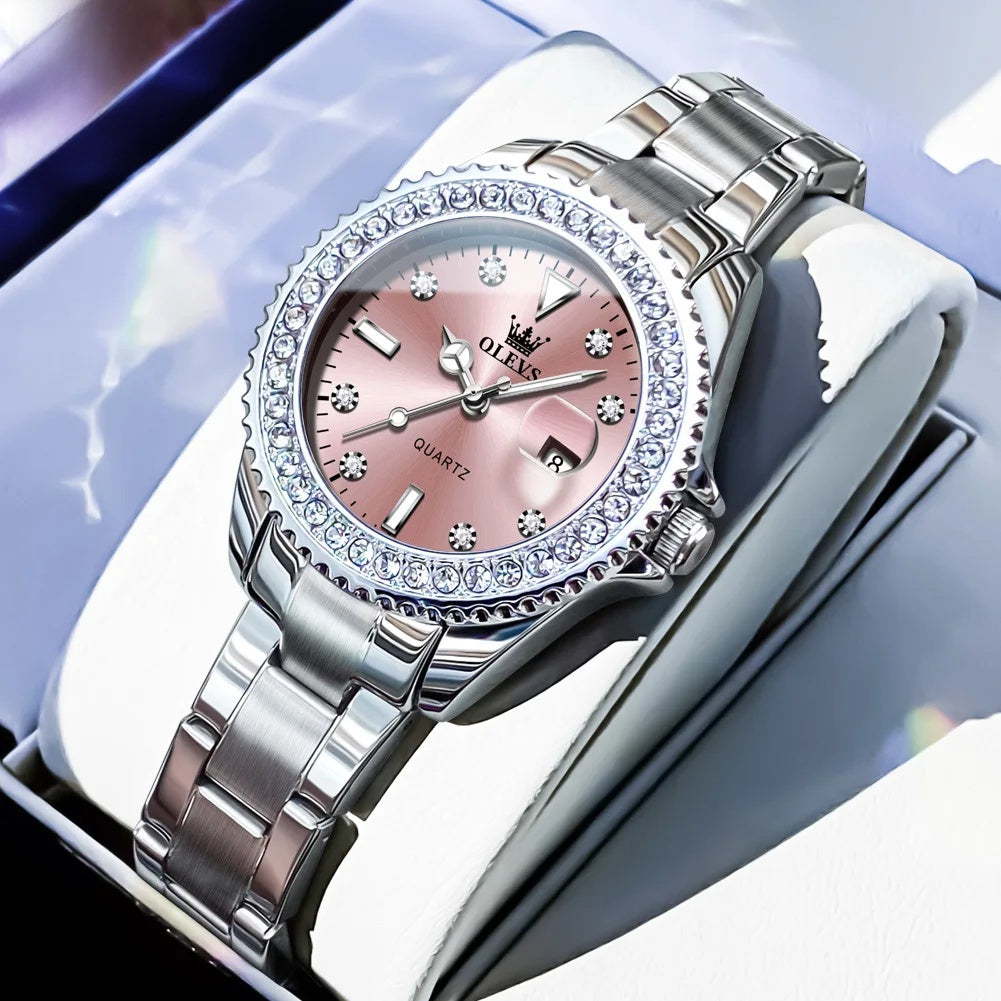 Women's Sunray Dial Crystal-Bezel Quartz Watch — Pink