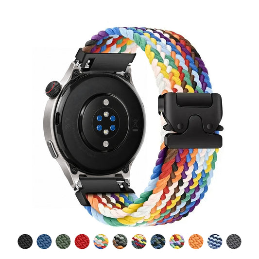 Amazfit rainbow braided nylon band with black parachute buckle and actual color previews