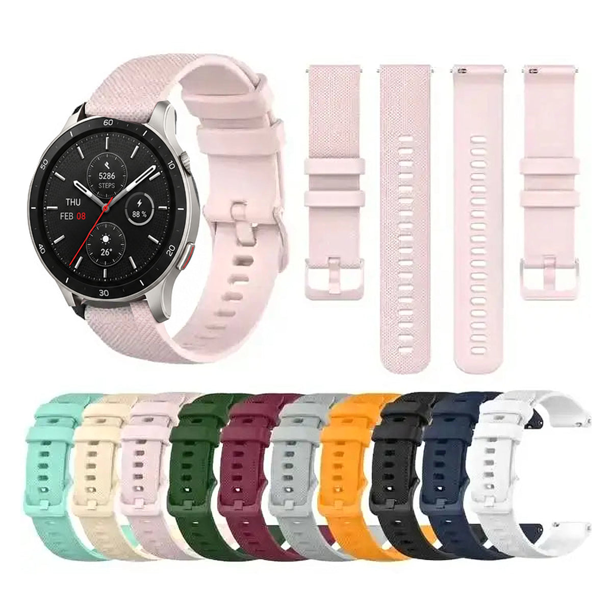 Pink checked silicone band on Amazfit GTR 4 with actual strap panels and colors