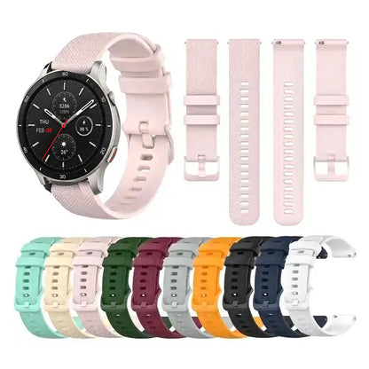 Pink checked silicone band on Amazfit GTR 4 with actual strap panels and colors
