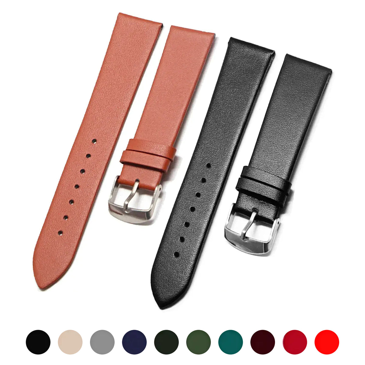 Amazfit tan and black classic leather bands with silver buckles and actual color previews