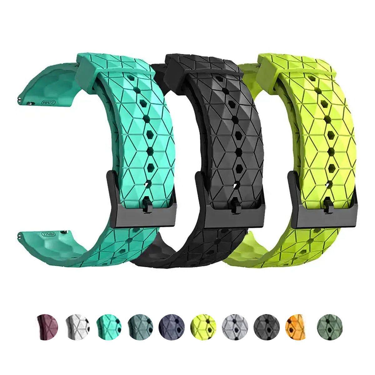 Geometric silicone bands in teal, black and lime with actual color previews