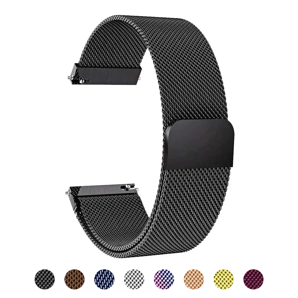 Black Milanese mesh band with magnetic closure and eight real finish previews