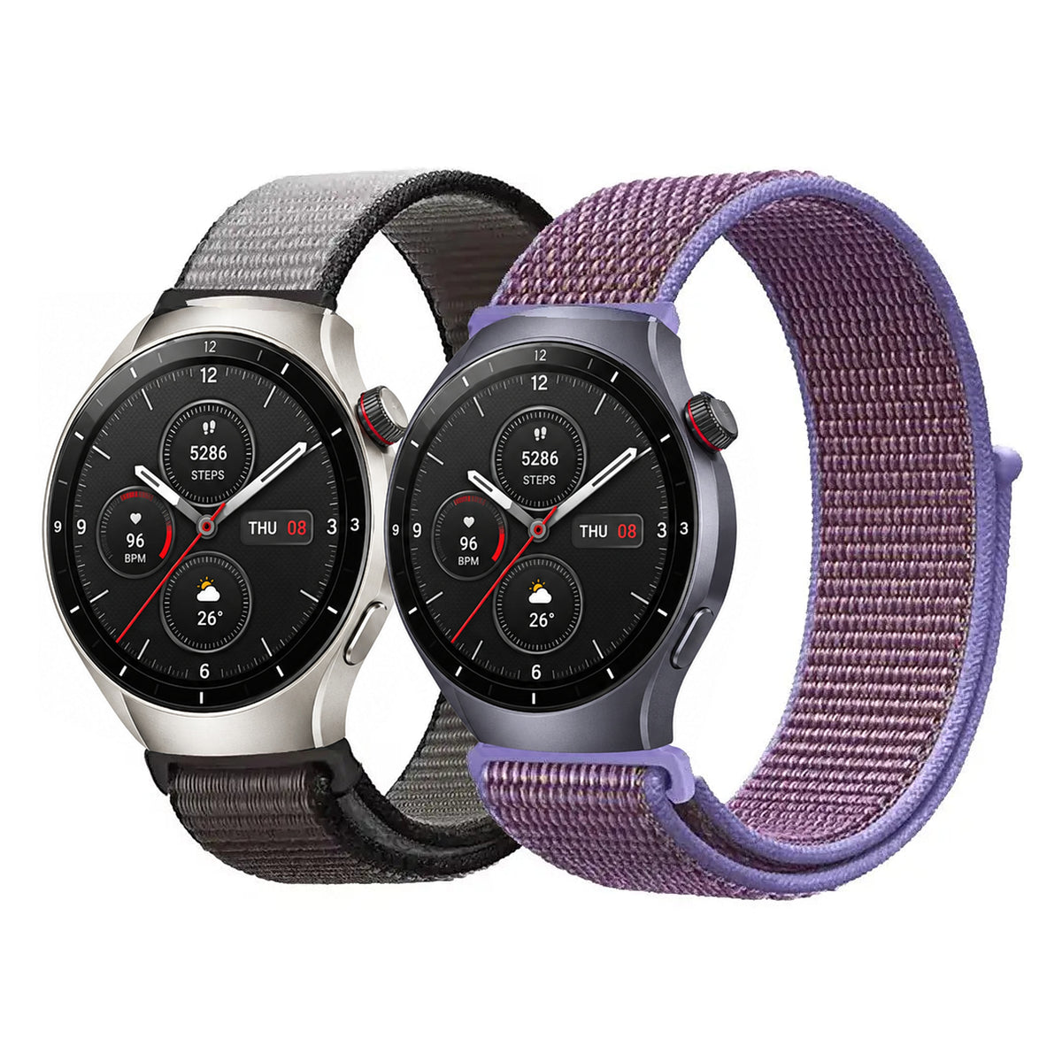 Gray and purple woven nylon sport loop bands on Amazfit watches