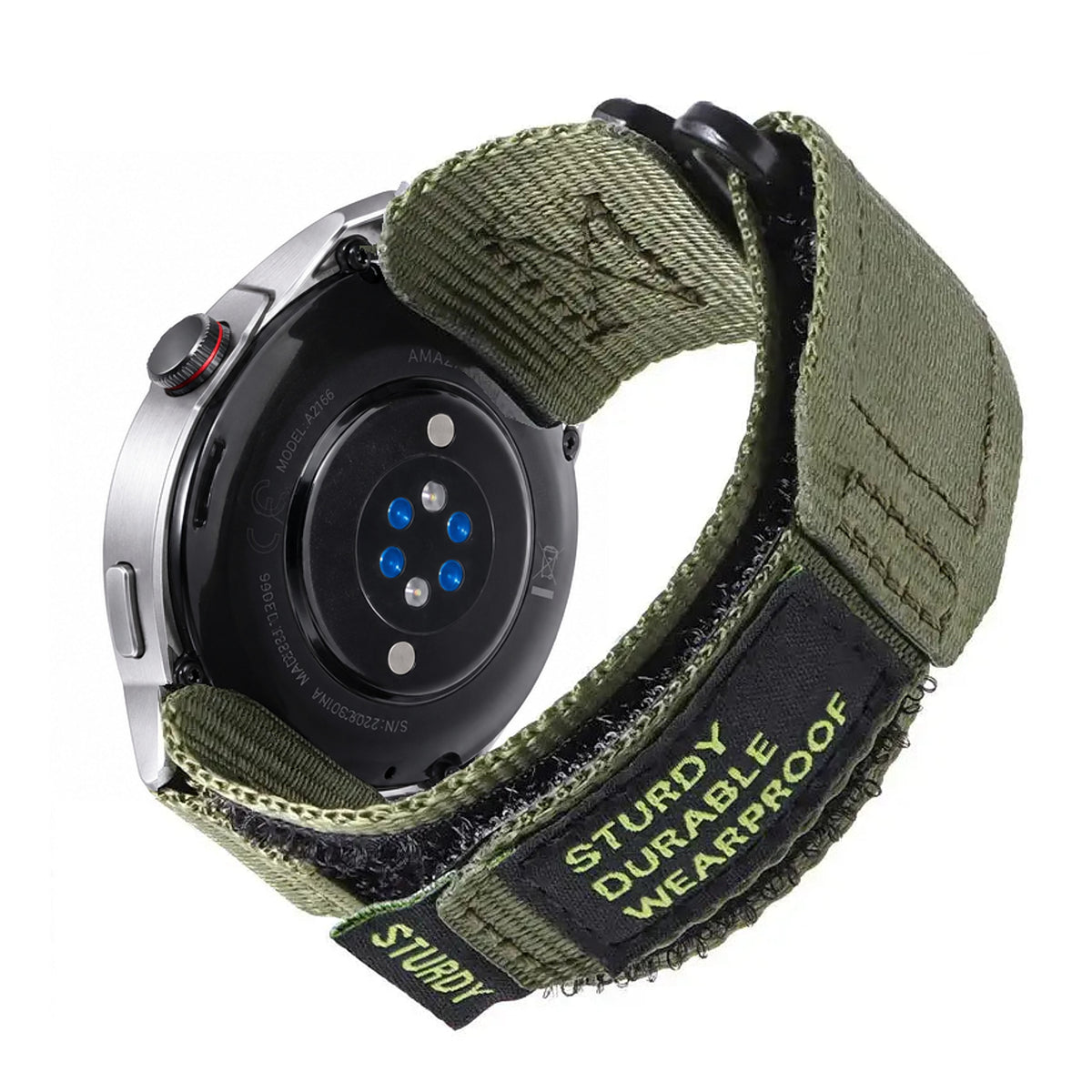 Olive nylon hook-and-loop band with black metal ring and original STURDY patch, fitted to an Amazfit watch