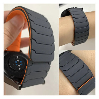 Gray and orange segmented magnetic silicone band with Amazfit GTR 4 underside