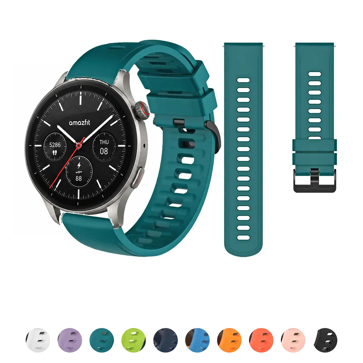 Amazfit teal silicone band with black pin buckle, strap details and actual color previews