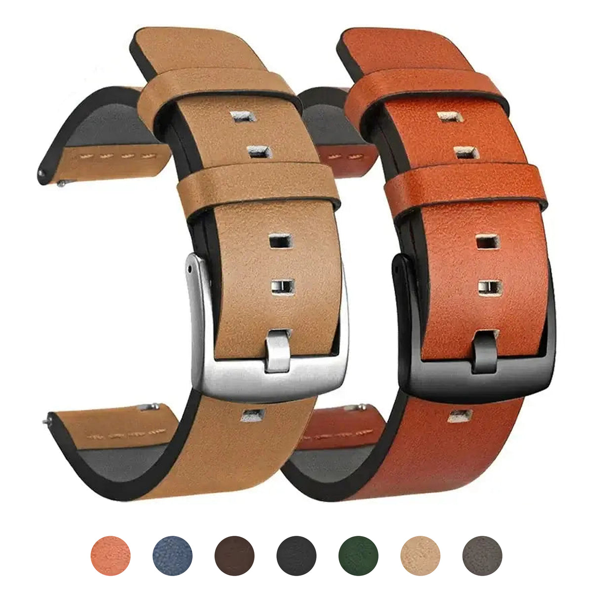 Tan and brown square-hole leather bands with silver and black buckles and actual color previews