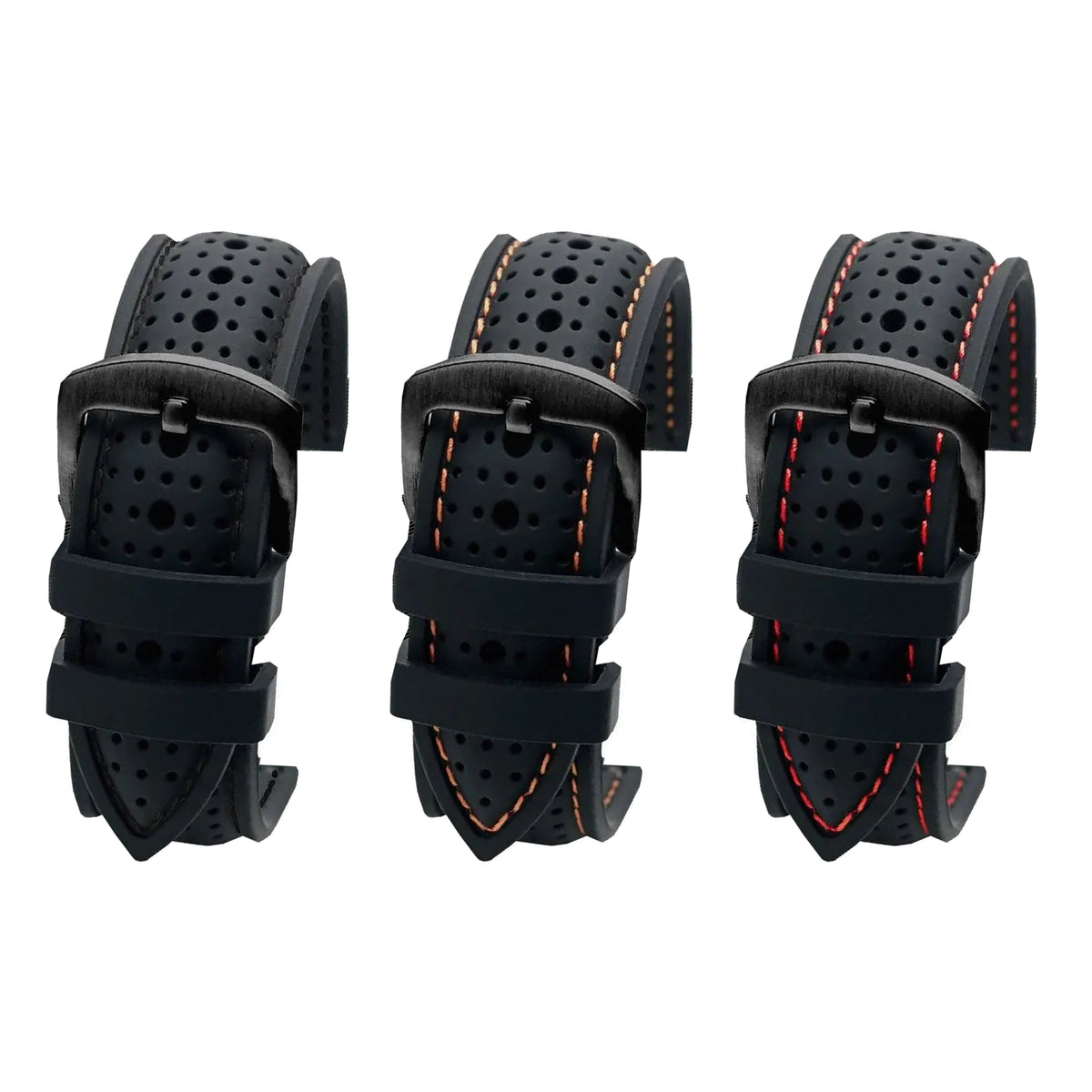 Black perforated silicone bands with black, orange and red stitching and black buckles