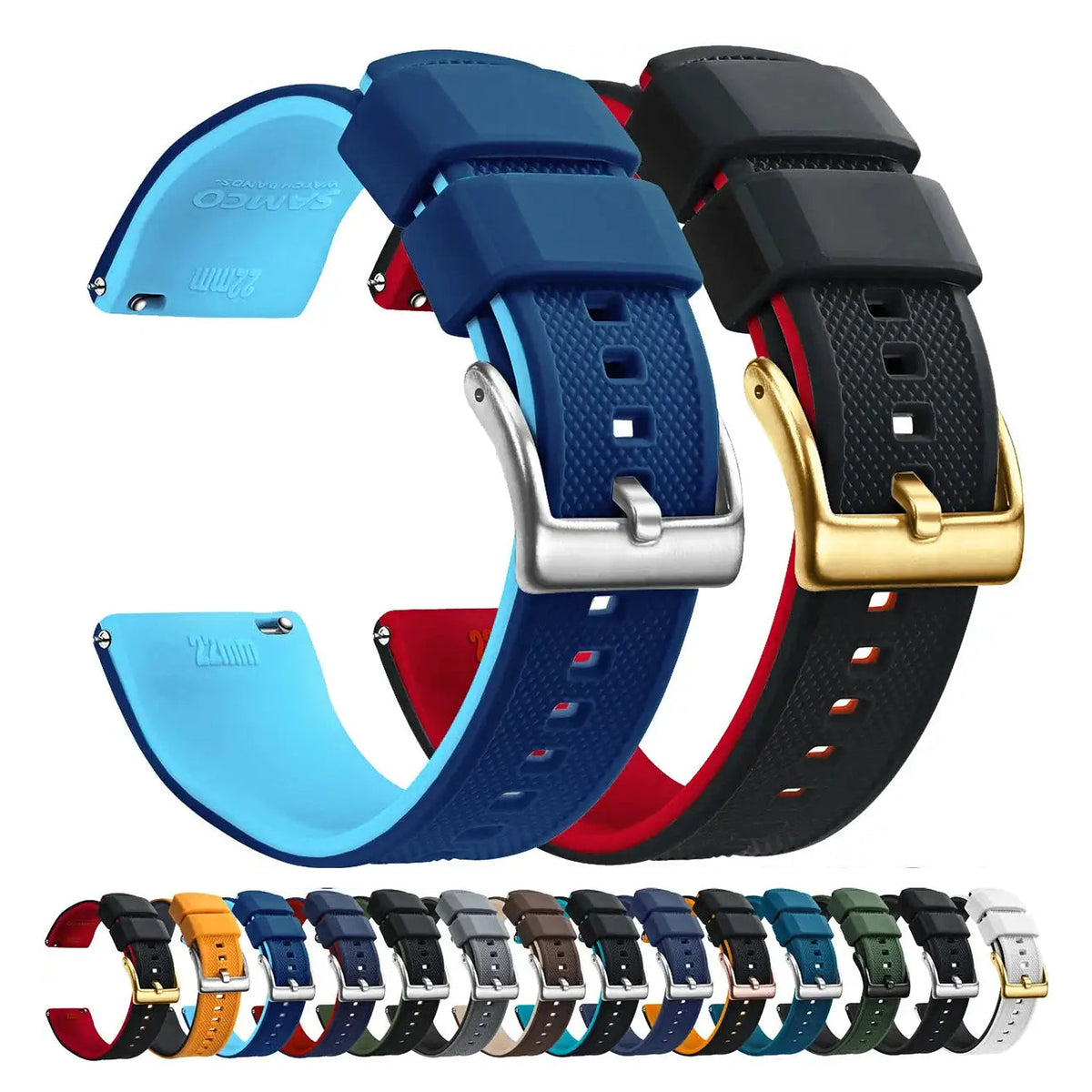 Navy and black two-tone silicone bands with silver and gold buckles and actual band and buckle previews
