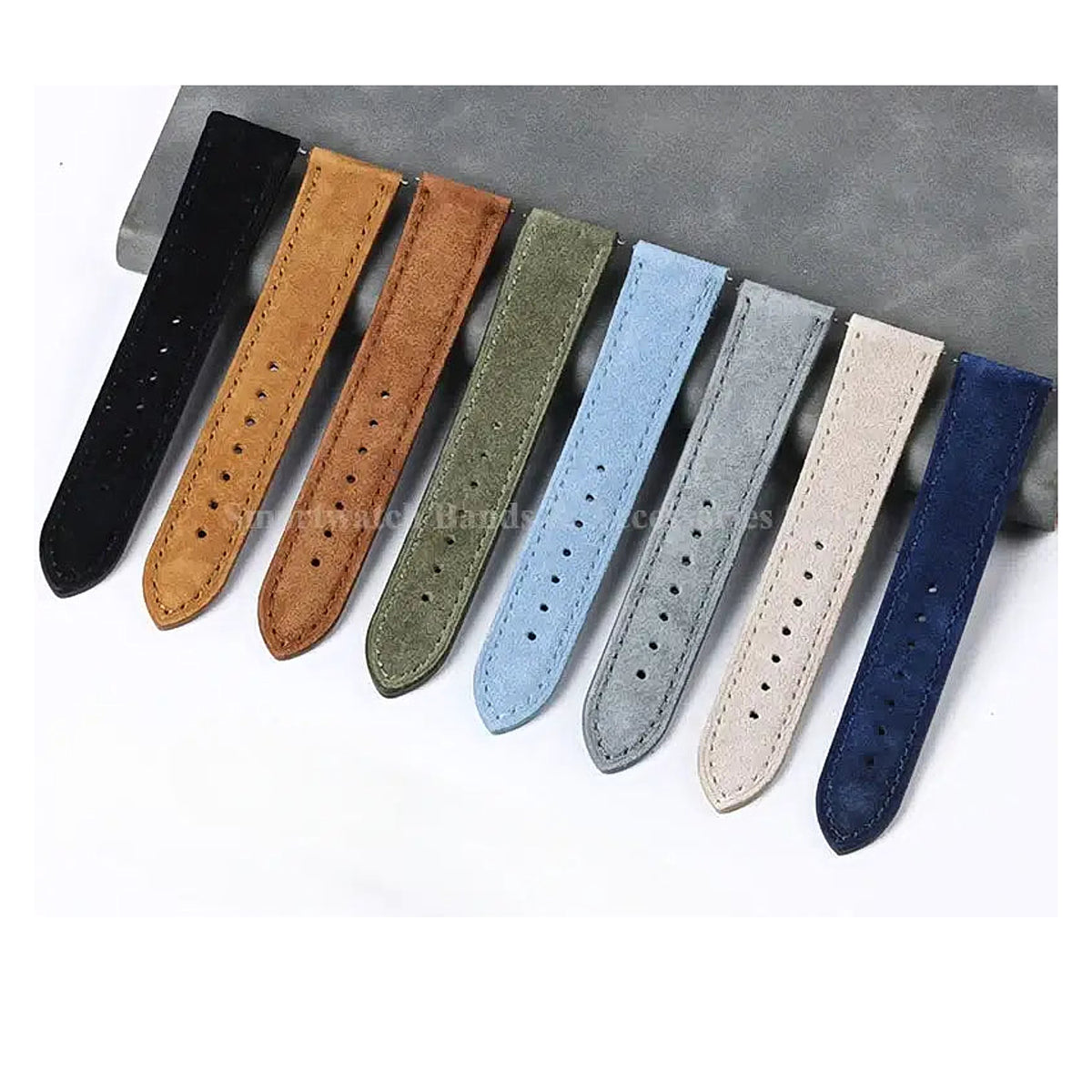 Eight actual suede leather band colors with stitching and perforations