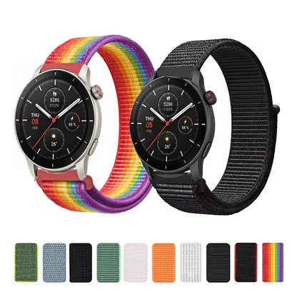 Rainbow and black woven nylon sport-loop bands on Amazfit watches with actual weave and color previews