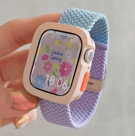 Pink Case - Light Blue / Lilac woven nylon Apple Watch band with matching case