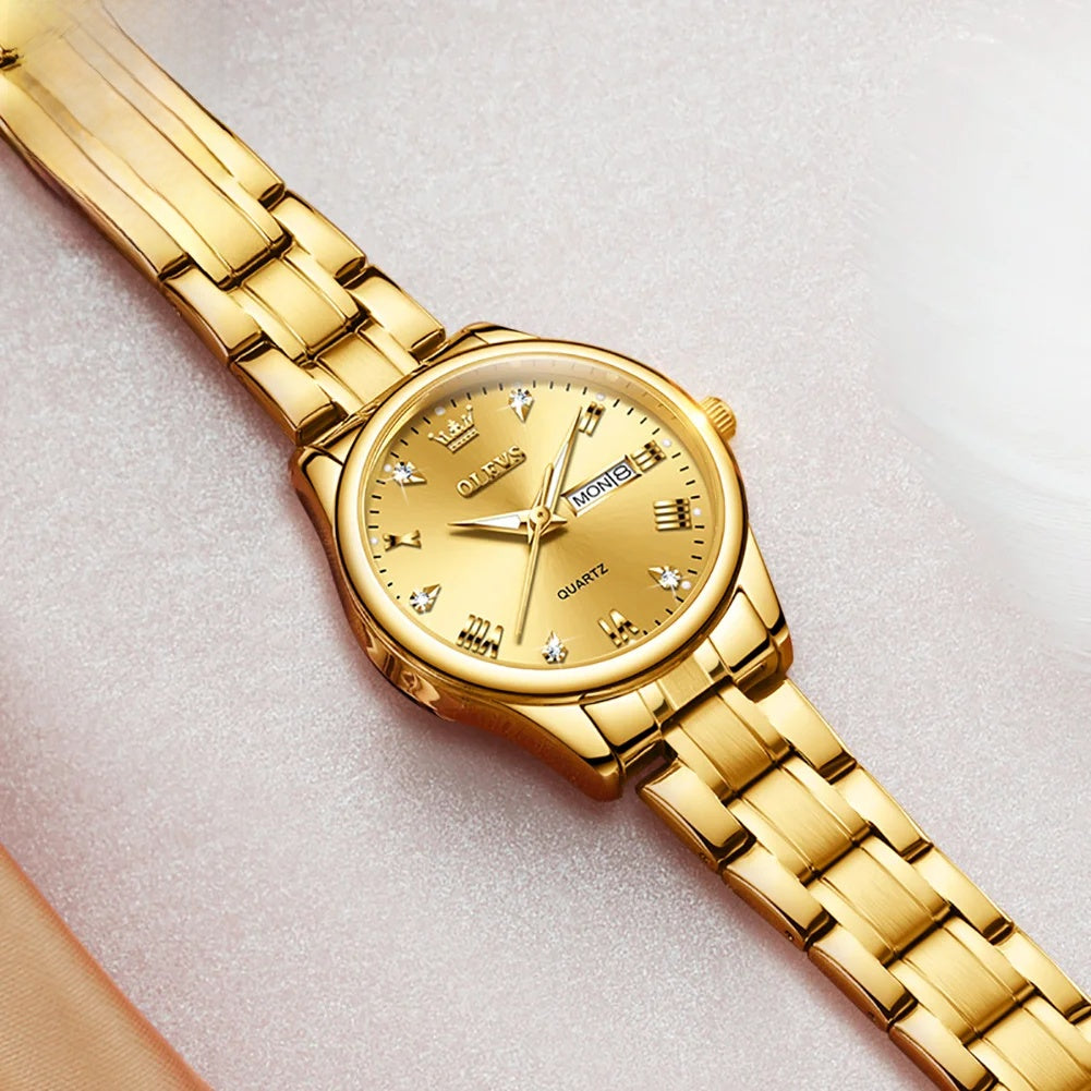 Women's 29mm Day-Date Stainless Steel Quartz Watch — Gold-tone watch and bracelet close-up