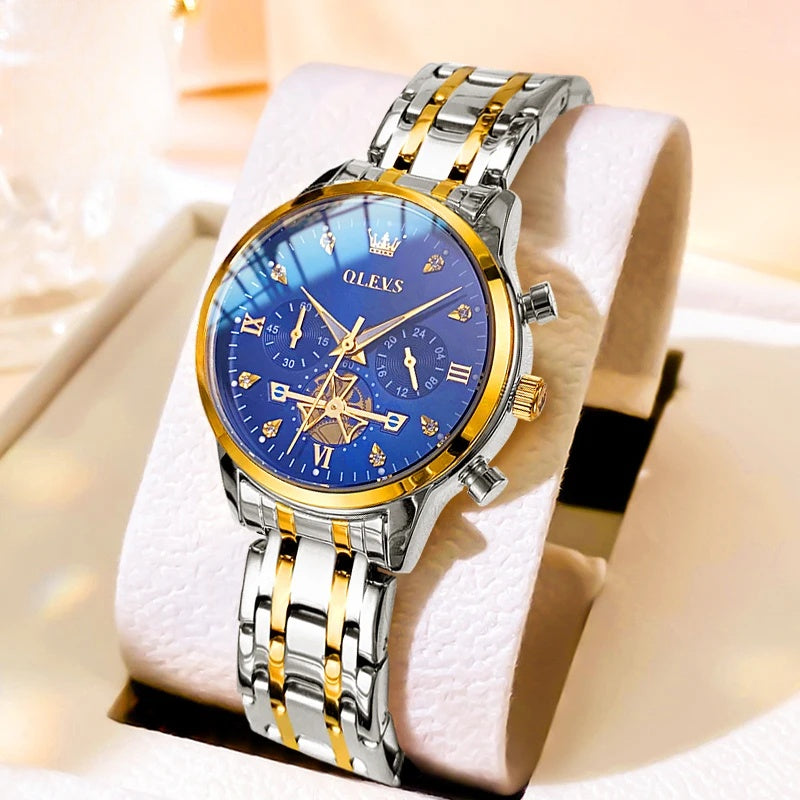 Women's Multifunction Quartz Bracelet Watch — Two Tone / Blue Dial — BandsCo Straps