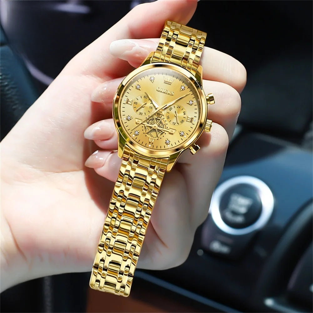 Women's Multifunction Steel Quartz Bracelet Watch — Gold Tone / Gold Dial — BandsCo Straps