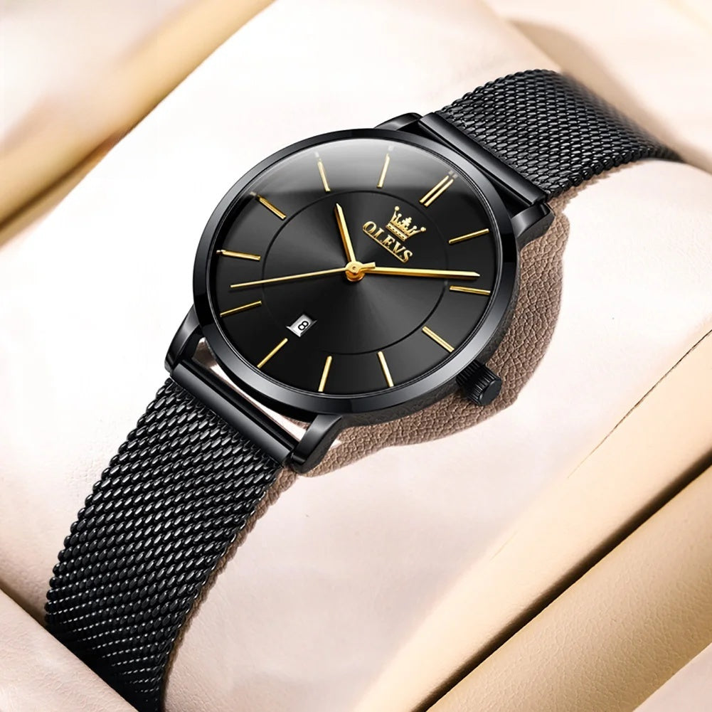 Women's Minimalist Mesh Date Quartz Watch — Black / Black Dial — BandsCo Straps