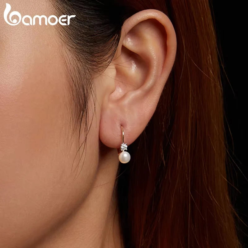 Freshwater Pearl & Moissanite Leverback Earrings - Pearl drop on model
