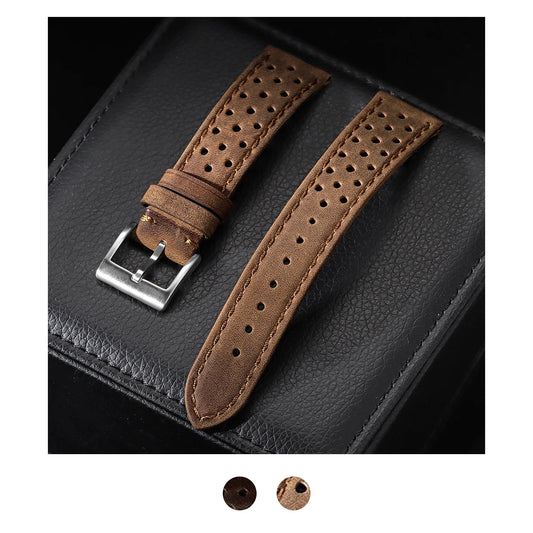 Motorola Moto Watch Perforated Leather Band, Polished or Matte — original band and real variant previews
