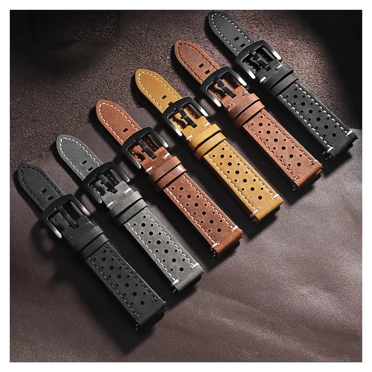 Motorola Moto Watch Perforated Leather Band with Stitched Edges — original band and real variant previews