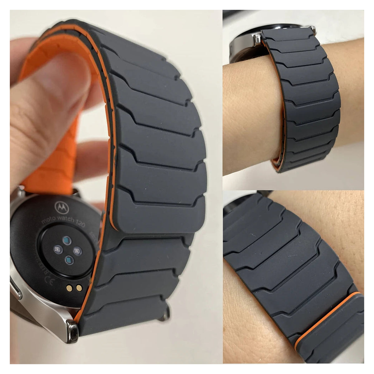 Motorola Moto Watch Segmented Magnetic Silicone Loop Band — original band and real variant previews