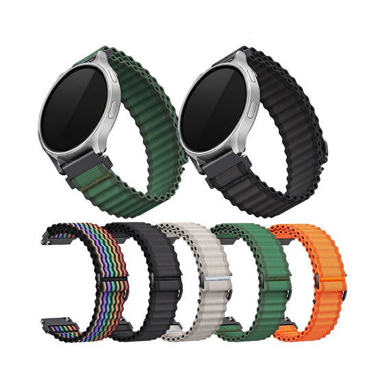 Motorola Moto Watch Ocean-Style Ribbed Nylon Loop Band — original band and real variant previews