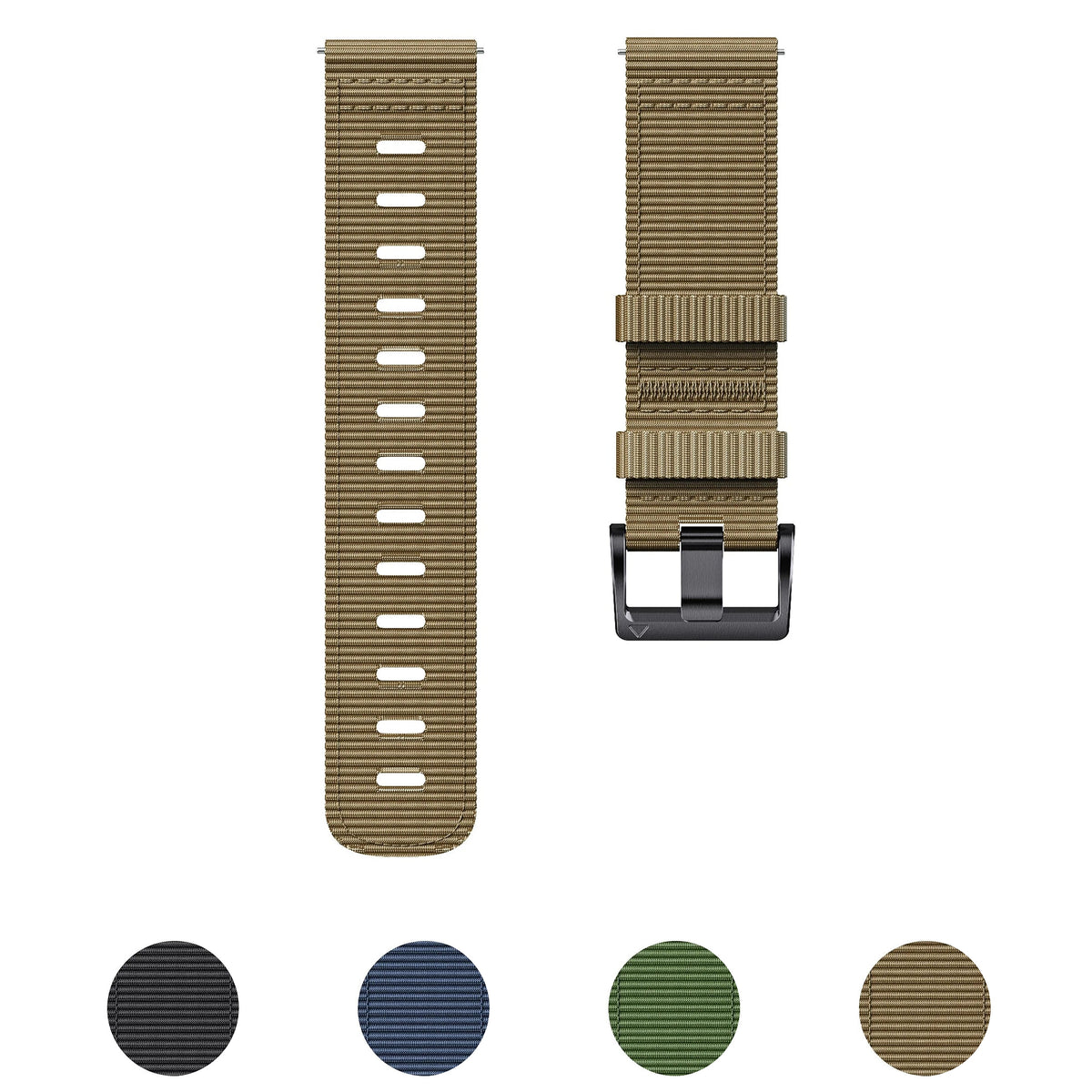 Motorola Moto Watch Ribbed Nylon Band with Black Buckle — original band and real variant previews