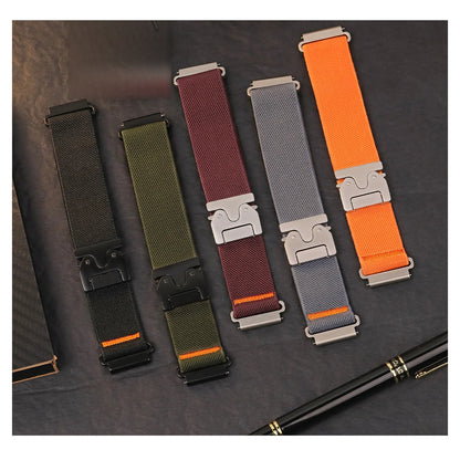 Motorola Moto Watch Stretch Nylon Band with Metal Clip Clasp — original band and real variant previews