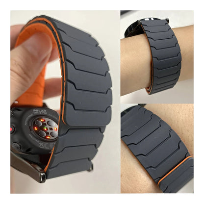 Polar Segmented Magnetic Silicone Loop Band – gray and orange magnetic band on wrist