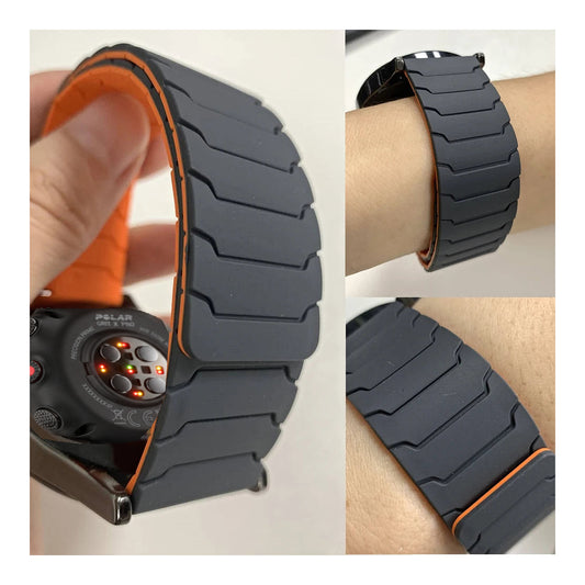 Polar Segmented Magnetic Silicone Loop Band – gray and orange magnetic band on wrist