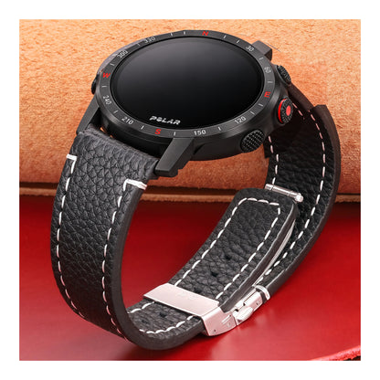 Polar Pebbled Leather Watch Band with Folding Clasp — Black leather strap shown on a watch