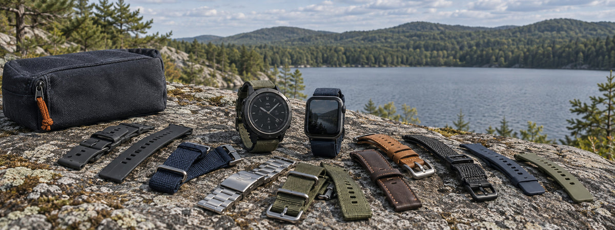 BandsCo smartwatch bands displayed by a wooded lake