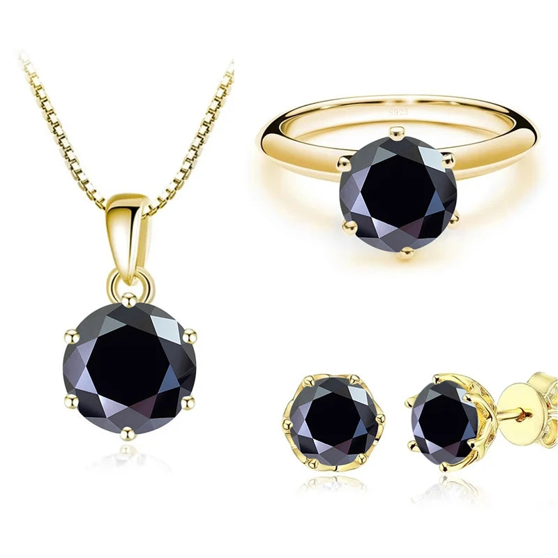 Gold-Tone Colored Moissanite Necklace, Stud Earrings & Ring Set — Black set